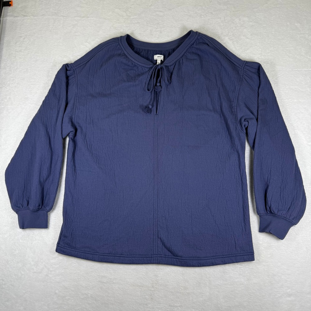 Aerie Blue Textured Boho Tassel Tie Split Neck Puff Sleeve Top Size‎ Medium